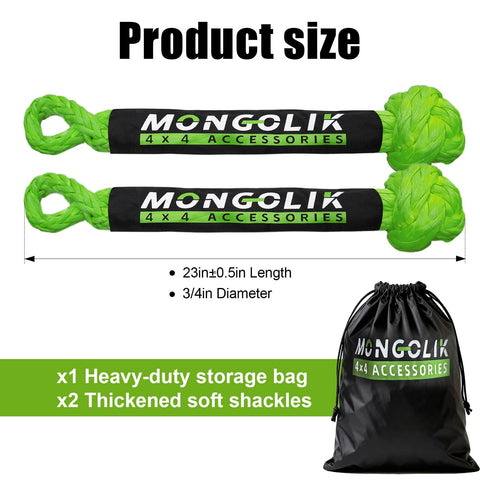 Two Pack Beefy Synthetic Soft Shackles Three Quarter Inch By Twenty Three Inch With Sixty Six Thousand Pounds Break Strength For Off Road Recovery Tow Rigging Marine Green