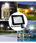 JUDYSSY Led Floodlight Pir Motion Sensor White/Warm White Ip66 Ac220 Exterior Projector Spotlight Smd2835 Outdoor Lighting Floor Lamp for Court,Garden,Warehouse，Black-W, lighting various outdoor settings at night.