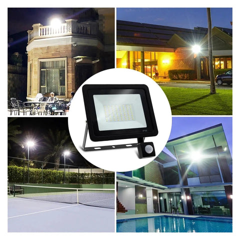 JUDYSSY Led Floodlight Pir Motion Sensor White/Warm White Ip66 Ac220 Exterior Projector Spotlight Smd2835 Outdoor Lighting Floor Lamp for Court,Garden,Warehouse，Black-W, lighting various outdoor settings at night.