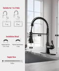 Matte Black Kitchen Faucet With Pull Down Sprayer Single Handle High Arc Three Function Waterway with installation details shown