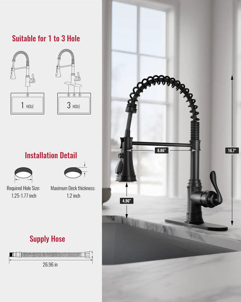 Matte Black Kitchen Faucet With Pull Down Sprayer Single Handle High Arc Three Function Waterway with installation details shown