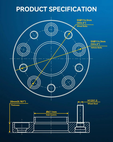 Product specification diagram of Hub Centric Wheel Spacers 5x4.5 Bolt Pattern 20mm Thickness for various vehicles.