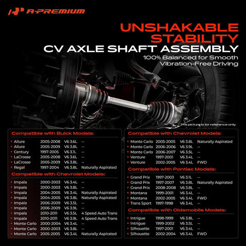 Front Right CV Axle Shaft Assembly For Chevy Buick Pontiac Oldsmobile Cars Like Impala Monte Carlo Grand Prix Regal LaCrosse Century Allure Venture Passenger Side Ready To Roll with vehicle compatibility list and axle imagery
