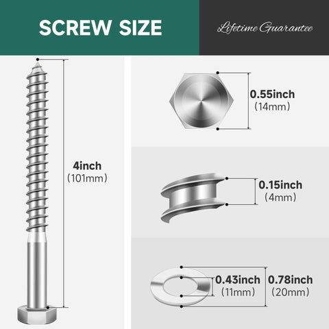 Heavy Duty Lag Bolts For Wood Three Eighths Inch By Four Inches With Washers Stainless Steel 304 Grade Partial Thread Rust Resistant Built To Last Eight Pack Great For Decks Fences Outdoor Projects And Timber Construction, detailed bolt dimensions shown in diagram