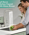 HEROBAI Waterfall Kitchen Faucets with Glass Rinser &Sprayer Brushed Nickel, pull down faucet washing lettuce.