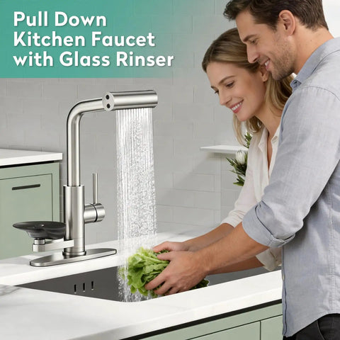 HEROBAI Waterfall Kitchen Faucets with Glass Rinser &Sprayer Brushed Nickel, pull down faucet washing lettuce.