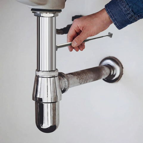 3 Pack Telescoping Measuring Stick Tap Measure Set With Long Extension Pole Reaching 94 Inches Plus Mini Ruler shown measuring plumbing.