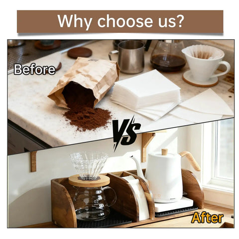 Before and after using Acacia Wood Coffee Bar Station Organizer Stand For Pour Over Nerds And Filter Holders Countertop Wooden Caddy With Heatproof Mat Sturdy Durable Coffee Station Storage For Filters Mugs And Tools showing clutter-free coffee setup