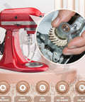 Upgraded Mixer Worm Gear Replacement Kit For Popular Stand Mixers With Durable Heavy Duty All Metal Construction No Plastic Gear WPW10112253 Compatible Includes Replacement Part Numbers 1 Pack Easy Install displayed with red stand mixer and close-up of gear