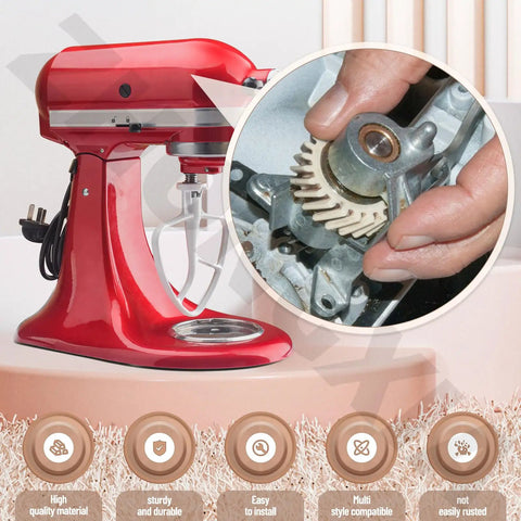 Upgraded Mixer Worm Gear Replacement Kit For Popular Stand Mixers With Durable Heavy Duty All Metal Construction No Plastic Gear WPW10112253 Compatible Includes Replacement Part Numbers 1 Pack Easy Install displayed with red stand mixer and close-up of gear