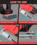 Pro Grade Cordless Brad Nailer Driven By A Badass Brushless Motor And Built Hella Tough Delivers Dead Straight Shots compatible with 18V batteries, showing loading instructions.