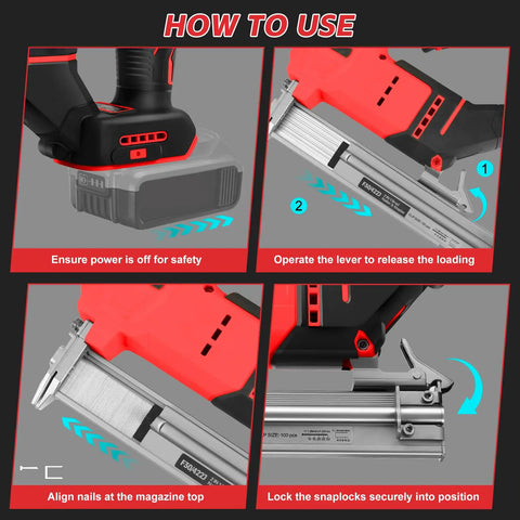 Pro Grade Cordless Brad Nailer Driven By A Badass Brushless Motor And Built Hella Tough Delivers Dead Straight Shots compatible with 18V batteries, showing loading instructions.