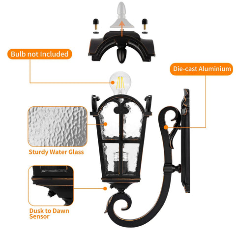 Diagram of Dusk To Dawn Outdoor Wall Lantern With Water Glass And Gold Trim Vintage Rustic Exterior Light Fixture components