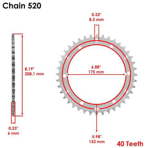 Red Drive Chain And Sprockets Kit For Yamaha Warrior 350 YFM350X 1989 2004, showing sprocket dimensions and 40 teeth