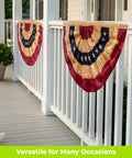 Patriotic Embroidered Bunting Banner 48 By 24 Inches All Weather Polyester With Brass Grommets Fade Resistant on porch railing