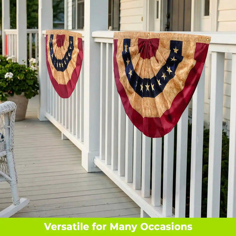 Patriotic Embroidered Bunting Banner 48 By 24 Inches All Weather Polyester With Brass Grommets Fade Resistant on porch railing