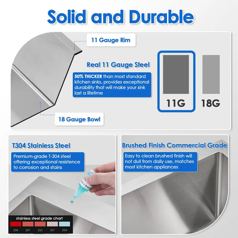 Features of Drop In Kitchen Sink With Single Bowl 22 Inch By 18 Inch 9 Inch Deep Pro Grade 304 Stainless Steel Brushed Finish