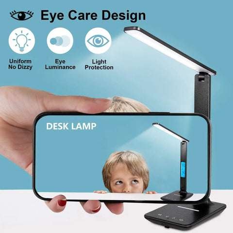 Desk Lamp With 10W Wireless Charger And USB Port, Clock LCD Display, Dope All In One Charging Station with child in background
