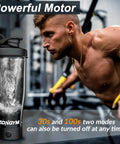 24 Ounce USB Rechargeable Protein Shaker Bottle with BPA Free Tritan Cup next to man exercising in gym