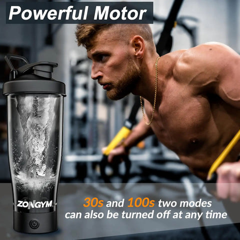24 Ounce USB Rechargeable Protein Shaker Bottle with BPA Free Tritan Cup next to man exercising in gym