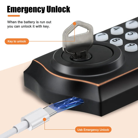 Close-up of electronic keypad deadbolt lock with key, USB emergency unlock option for keyless entry backlit keypad auto lock