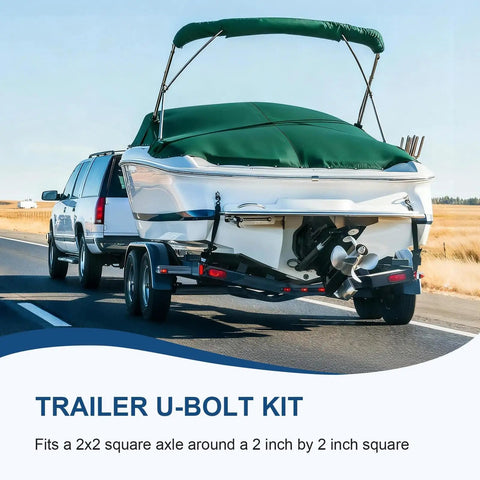 Boat trailer with Two Piece Square U Bolt Kit for 2x2 axle, hauling on highway. Heavy Duty U Bolts for leaf spring mounting.