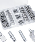 120 Pcs Shelf Pins Kit With Four Styles Nickel Plated Shelf Support Pegs for Bookcases, Kitchens, Cabinets, Closets in clear box