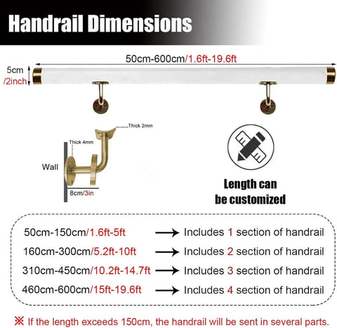 Handrail dimensions for Slick Clear Acrylic Stair Handrail With Gold Wall Mount Brackets, shows customizable lengths and mounts.