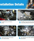 Installation guide for GY6 150Cc PD24J Carburetor Kit with visual details on hose clamp, vacuum fuel pump, and air filter attachment.