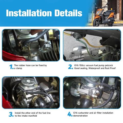 Installation guide for GY6 150Cc PD24J Carburetor Kit with visual details on hose clamp, vacuum fuel pump, and air filter attachment.
