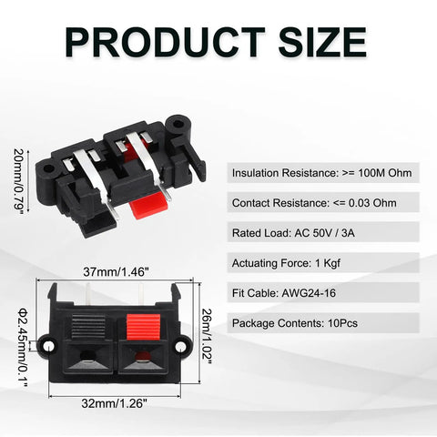 2 Way Spring Terminal Clip Push Release Connector Plate Jack Socket For Speakers, Red Black Polarity Coding, 37mm x 26mm x 20mm