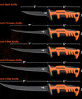 Image showing four different sizes of orange and black KastKing knives, including the 7-inch Ultimate Angler Fillet Knife with vanadium blade.