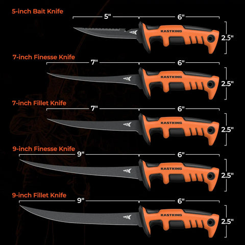 Image showing four different sizes of orange and black KastKing knives, including the 7-inch Ultimate Angler Fillet Knife with vanadium blade.