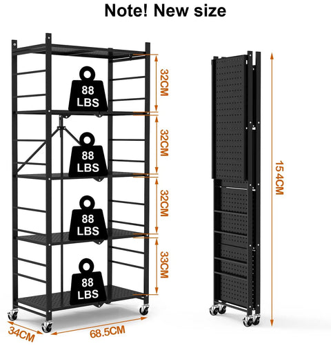 Slick Black Five Tier Foldable Storage Shelf With Casters And Twenty Hooks Quick Kitchen Pantry Cleanup No Fuss Assembly Solid Build For Tight Spaces And Daily Hauls