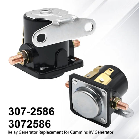 12V Start Solenoid Relay Replacement for Cummins Onan RV Generators, copper build, two views, fits 3072586 model number.