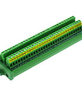 Beefy Heavy Duty Screw Mount Terminal Block Distribution Module, 30 Position, 24A Per Channel, green carrier, labeled terminals.