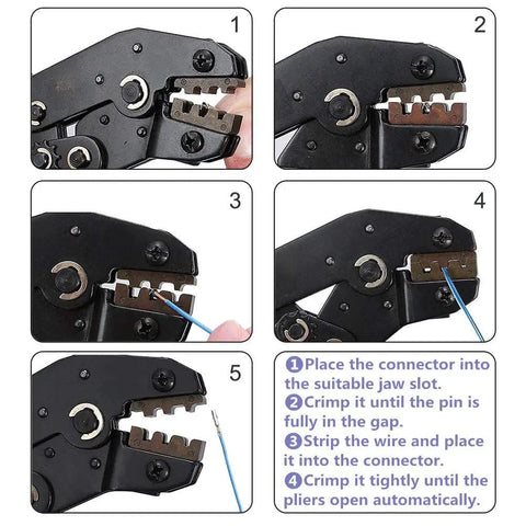 Steps for using All In One 2.54mm Connector Crimping Tool Kit With 40 Pin Ribbon Cable And 1M Jumper Wires with guide instructions.
