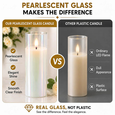 Comparison of Pearlescent Glass Battery Operated LED Candles Set Of 4 Slim Flameless Candles with ordinary plastic candle highlighting quality differences
