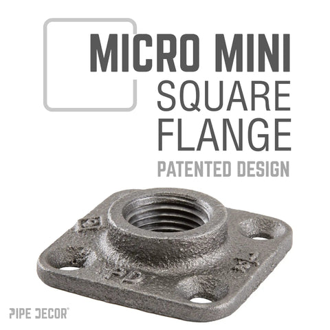 Half Inch Square Micro Mini Flange Fittings Set Black Malleable Iron For Standard Pipe Nipples And Fittings DIY Vintage Furniture Build 8 Pack Perfect For Shelves Lamps Tables And Art Projects showing one micro mini square flange with four holes