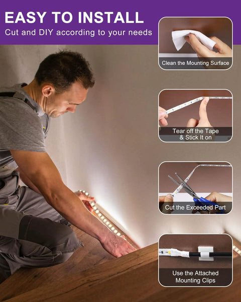 Installation process of Cool White LED Strip Lights 4000K 16.4 Ft High Density 12V Tape Light UL Listed with step-by-step guide