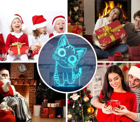 Cat Night Light 3D Illusion Lamp with Seven Color Auto Change surrounded by festive holiday scenes and families with gifts.