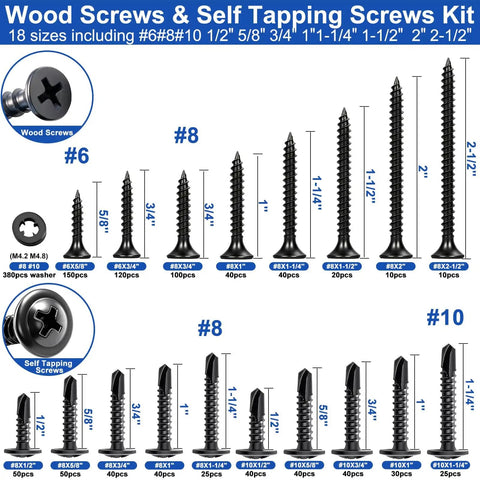 All In One Wood Screws Assortment Kit With Portable Box Self Tapping And Self Drilling Phillips Flat Head Black Screws In 410 Stainless Steel Heavy Duty Pro Grade Sizes 6 8 10 18 displayed by size with labels showing #6, #8, #10.