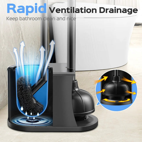 Heavy Duty Stainless Steel Toilet Plunger And Bathroom Brush Set Rustproof with rapid ventilation drainage system shown in modern bathroom.