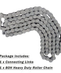 Beefed Up Heavy Duty 80H Roller Chain with 10 ft length and connecting link, carbon steel construction, ANSI Chain No 80H.