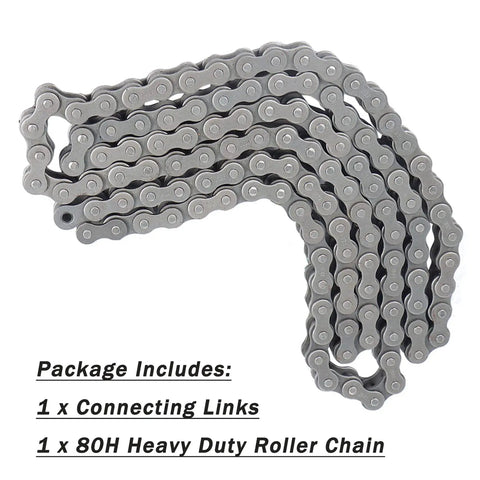 Beefed Up Heavy Duty 80H Roller Chain with 10 ft length and connecting link, carbon steel construction, ANSI Chain No 80H.