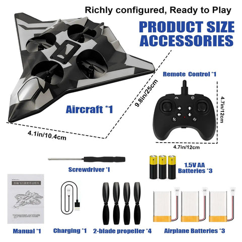 Foam Remote Control Airplane For Kids And Adults Easy To Fly starter kit with aircraft, remote, batteries, charger, manual, screwdriver.