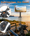MagSafe Tripod Hook With Magnetic Back And Arca-Swiss Base displaying a phone mounted on a tripod at a beachside.