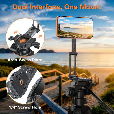 MagSafe Tripod Hook With Magnetic Back And Arca-Swiss Base displaying a phone mounted on a tripod at a beachside.