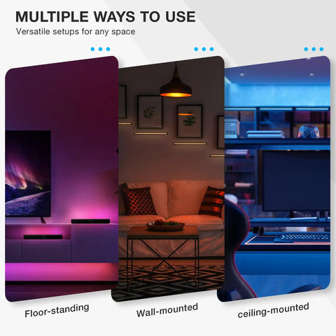 Sixteen Inch 18W RGB LED Light Bars Kit With App Control And Remote, displayed floor-standing, wall-mounted, ceiling-mounted