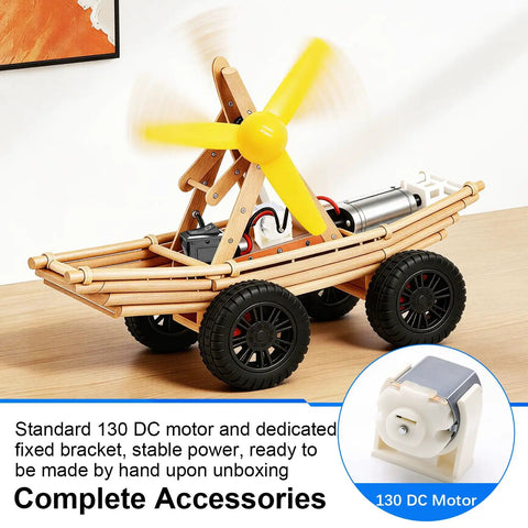 Six Piece DC Motor Kit for DIY Science Projects 3 to 12 Volt 25000 RPM Includes 9 Volt Battery Clip Shaft Propeller Two AA Battery Holders and Plastic Wheels Hands On Electronics Learning featuring a wooden car model with attached motor and spinning yellow propeller, displayed on a table.